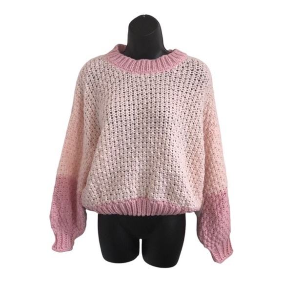 Shades of pink crochet waffle knit chunky cuffed sleeve sweater size large new - Picture 1 of 13